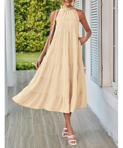 Women's 2024 Summer Maxi Dress Casual Floral Tiered Flowy Long Sundress Halter Sleeveless Boho Beach Dresses C-apricot $27.02...