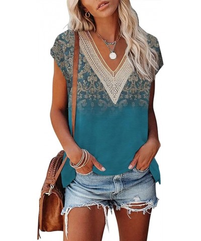 Summer Tops for Women Cap Sleeve T Shirts Casual Blouse V Neck Lace Floral Print Loose Fit Tank Tops 01-jh Blue $14.09 Tanks