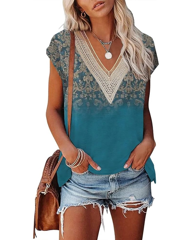 Summer Tops for Women Cap Sleeve T Shirts Casual Blouse V Neck Lace Floral Print Loose Fit Tank Tops 01-jh Blue $14.09 Tanks