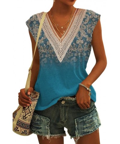 Summer Tops for Women Cap Sleeve T Shirts Casual Blouse V Neck Lace Floral Print Loose Fit Tank Tops 01-jh Blue $14.09 Tanks