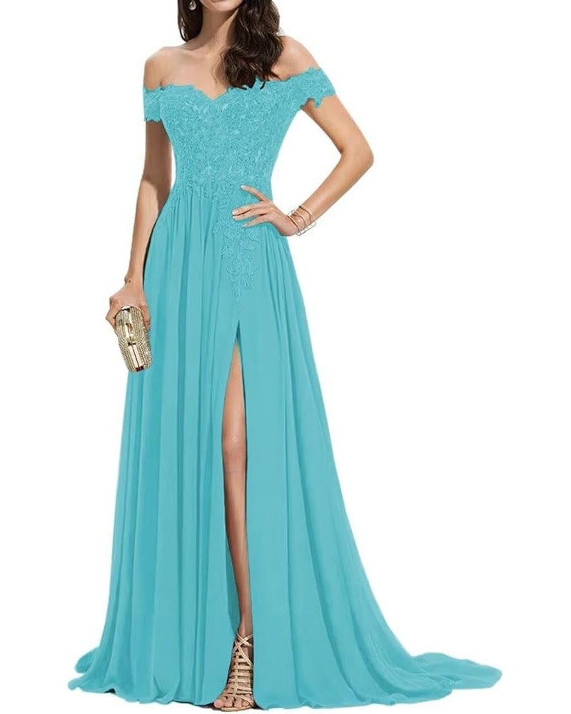 Laces Chiffon Prom Dresses for Women Off Shoulder Long Slit Bridesmiad Formal Evening Party Gown ZS28 Jade $37.68 Dresses