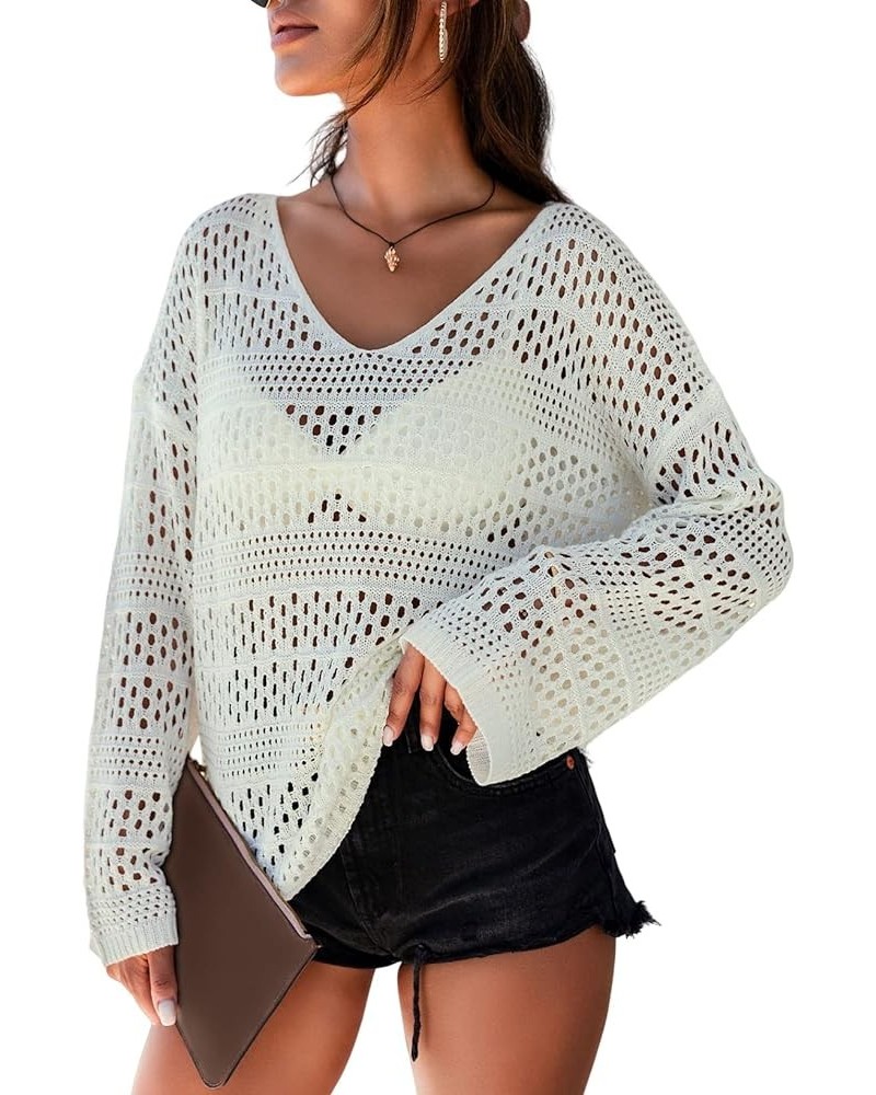 Women's Summer Crochet Hollow Out Blouse Long Sleeve Beach Cover Up Tunic Top (S-XXL) B White $15.41 Swimsuits