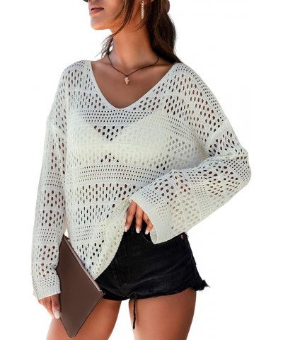 Women's Summer Crochet Hollow Out Blouse Long Sleeve Beach Cover Up Tunic Top (S-XXL) B White $15.41 Swimsuits