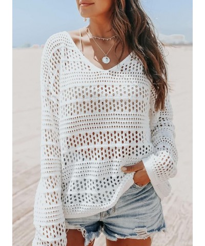 Women's Summer Crochet Hollow Out Blouse Long Sleeve Beach Cover Up Tunic Top (S-XXL) B White $15.41 Swimsuits