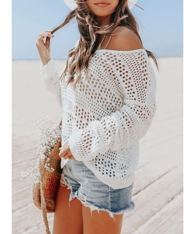 Women's Summer Crochet Hollow Out Blouse Long Sleeve Beach Cover Up Tunic Top (S-XXL) B White $15.41 Swimsuits