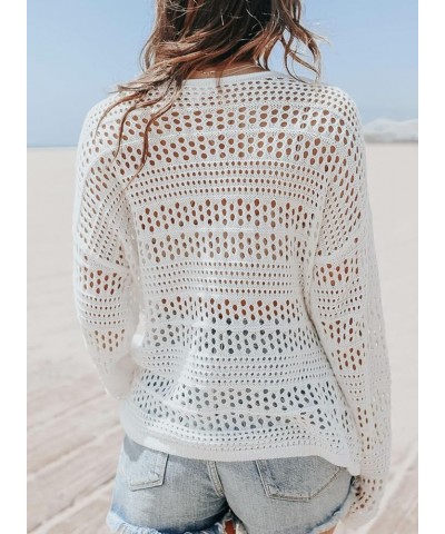 Women's Summer Crochet Hollow Out Blouse Long Sleeve Beach Cover Up Tunic Top (S-XXL) B White $15.41 Swimsuits