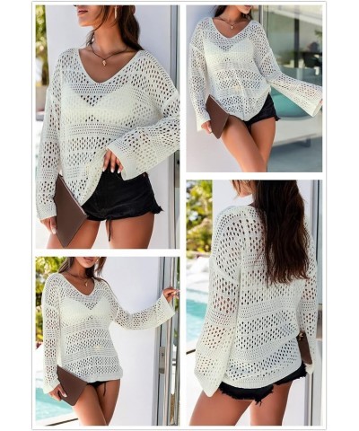 Women's Summer Crochet Hollow Out Blouse Long Sleeve Beach Cover Up Tunic Top (S-XXL) B White $15.41 Swimsuits