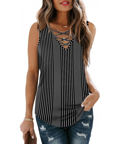 Womens Tank Tops Summer Tops Casual Cami Shirts Basic Lace up Blouse S-XL B-black Striped $10.99 Tanks