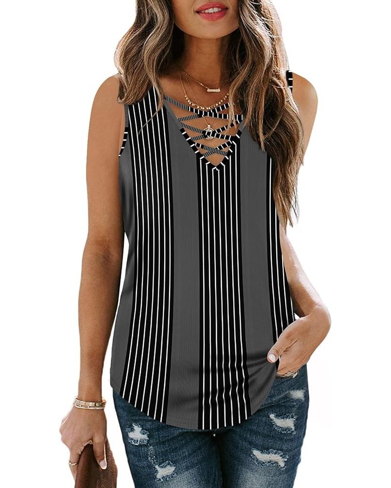 Womens Tank Tops Summer Tops Casual Cami Shirts Basic Lace up Blouse S-XL B-black Striped $10.99 Tanks