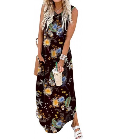 Women's Summer Maxi Dresses V Neck Sleeveless Beach Casual Loose Long Split Dress with Pocket Flower 04 $17.50 Dresses