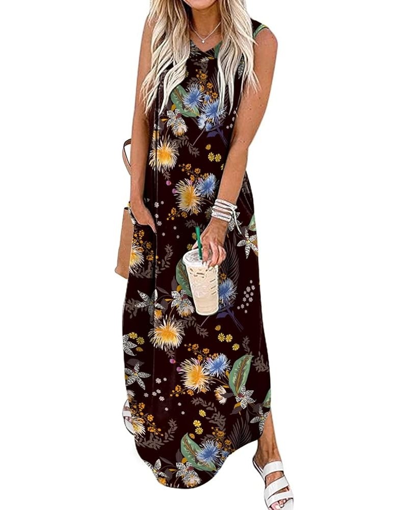 Women's Summer Maxi Dresses V Neck Sleeveless Beach Casual Loose Long Split Dress with Pocket Flower 04 $17.50 Dresses