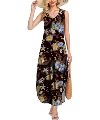 Women's Summer Maxi Dresses V Neck Sleeveless Beach Casual Loose Long Split Dress with Pocket Flower 04 $17.50 Dresses