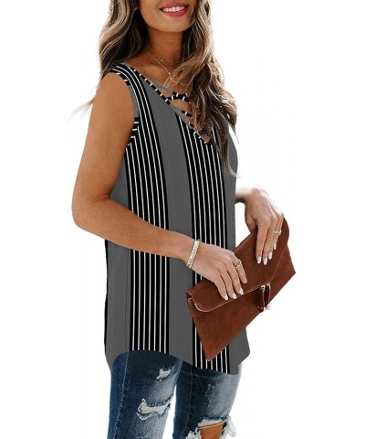 Womens Tank Tops Summer Tops Casual Cami Shirts Basic Lace up Blouse S-XL B-black Striped $10.99 Tanks