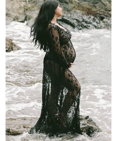 Sexy Deep V-Neck Long Sleeve Lace Beach See-Through Maternity Maxi Dress Black $15.95 Dresses