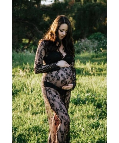 Sexy Deep V-Neck Long Sleeve Lace Beach See-Through Maternity Maxi Dress Black $15.95 Dresses