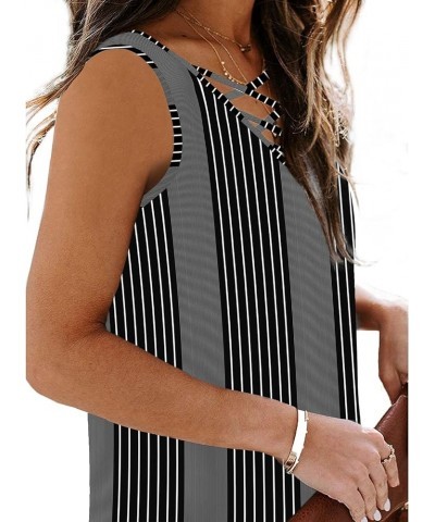 Womens Tank Tops Summer Tops Casual Cami Shirts Basic Lace up Blouse S-XL B-black Striped $10.99 Tanks