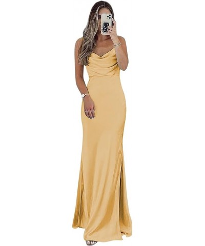 Satin Bridesmaid Dresses Long Spaghetti Straps Cowl Neck Formal Dress with Slit Gold $43.19 Dresses