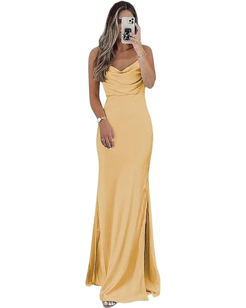 Satin Bridesmaid Dresses Long Spaghetti Straps Cowl Neck Formal Dress with Slit Gold $43.19 Dresses