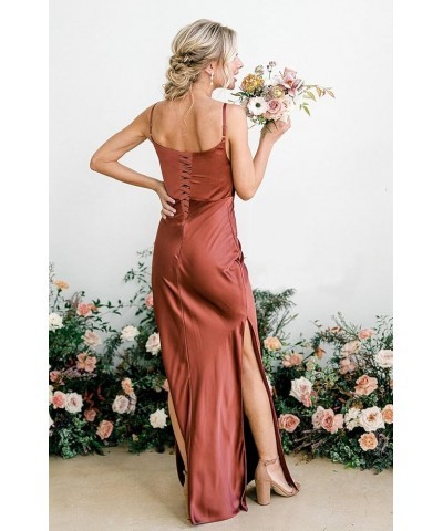 Satin Bridesmaid Dresses Long Spaghetti Straps Cowl Neck Formal Dress with Slit Gold $43.19 Dresses