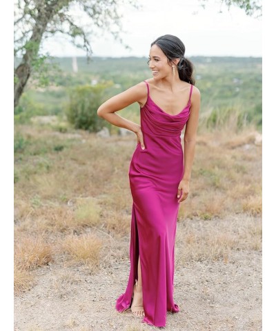 Satin Bridesmaid Dresses Long Spaghetti Straps Cowl Neck Formal Dress with Slit Gold $43.19 Dresses