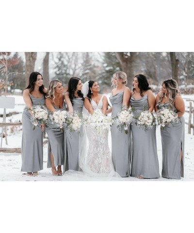 Satin Bridesmaid Dresses Long Spaghetti Straps Cowl Neck Formal Dress with Slit Gold $43.19 Dresses