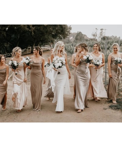 Satin Bridesmaid Dresses Long Spaghetti Straps Cowl Neck Formal Dress with Slit Gold $43.19 Dresses