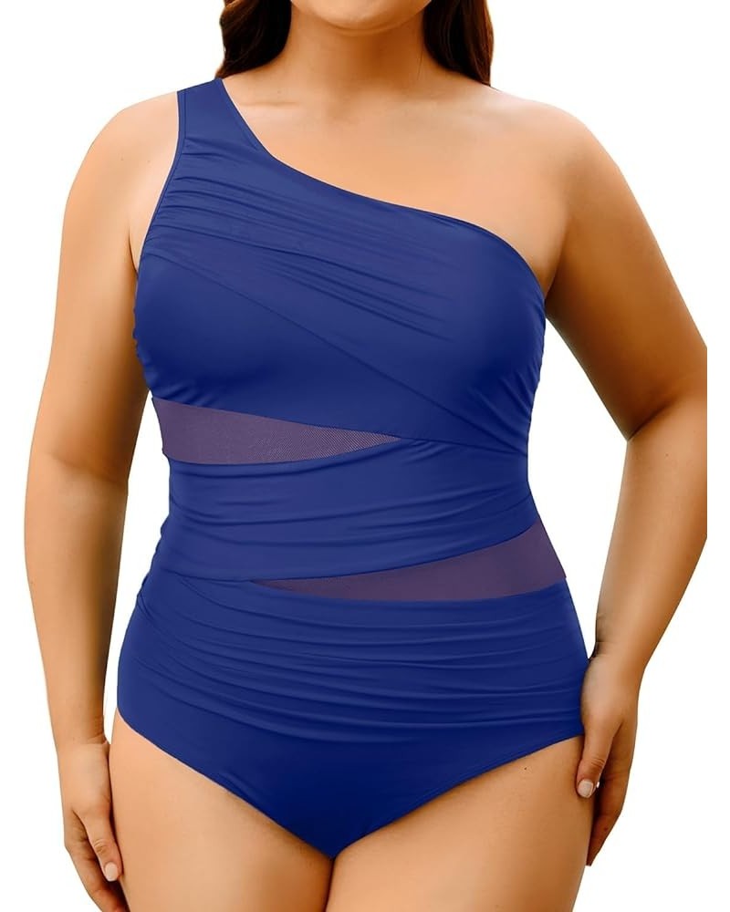 Plus Size One Piece Swimsuit for Women Tummy Control Bathing Suits One Shoulder Swimwear Blue $22.41 Swimsuits