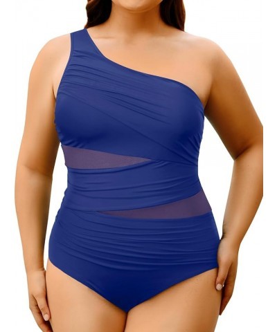 Plus Size One Piece Swimsuit for Women Tummy Control Bathing Suits One Shoulder Swimwear Blue $22.41 Swimsuits