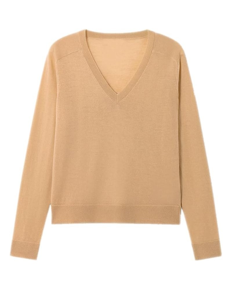 Women's Merino Wool Sweater Casual Lightweight V Neck Raglan Sleeve Knit Top Loose Pullover Camel $29.57 Sweaters