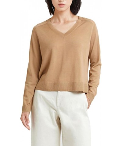 Women's Merino Wool Sweater Casual Lightweight V Neck Raglan Sleeve Knit Top Loose Pullover Camel $29.57 Sweaters