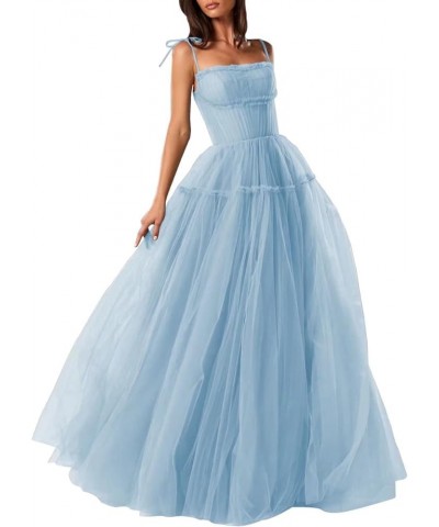 Spaghetti Straps Prom Dresses Tulle Long Formal Evening Party Gowns for Women Backless Bridesmaid Dress A-Line Sky Blue $34.4...