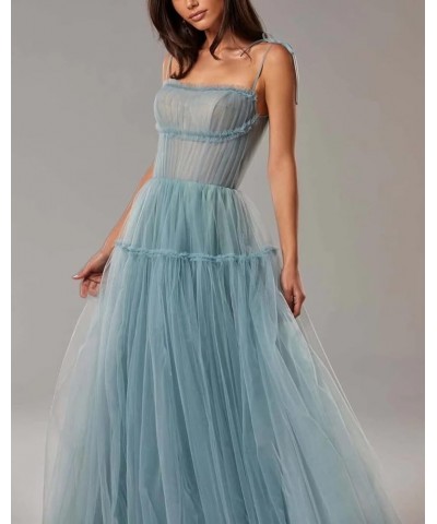 Spaghetti Straps Prom Dresses Tulle Long Formal Evening Party Gowns for Women Backless Bridesmaid Dress A-Line Sky Blue $34.4...