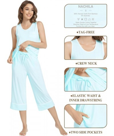 Pajamas Set for Women Tank Top with Capri Pants Pajama Cool Sleepwear Sleeveless Pjs S-4XL A-aqua Green $20.70 Sleep & Lounge