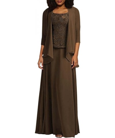 2 Piece Mother of The Bride Dresses Plus Size with Jacket Scoop Mother of The Groom Formal Dresses with Long Sleeves Chocolat...