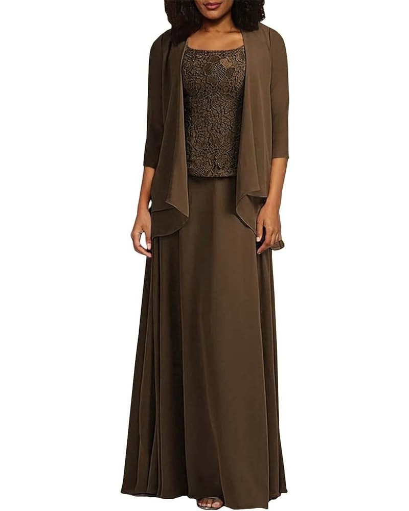 2 Piece Mother of The Bride Dresses Plus Size with Jacket Scoop Mother of The Groom Formal Dresses with Long Sleeves Chocolat...