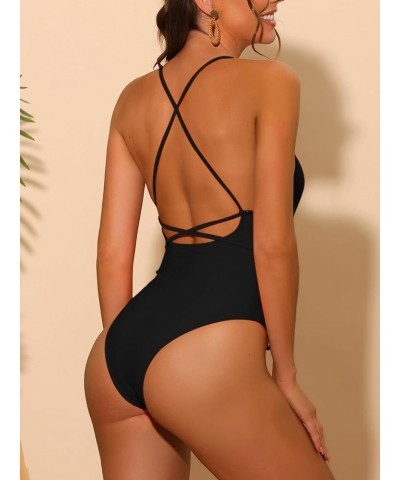 Women's One Piece Lace Up Swimsuit, Tie Cross Back Tummy Control Backless Swimwear Bathing Suits Black $11.95 Swimsuits