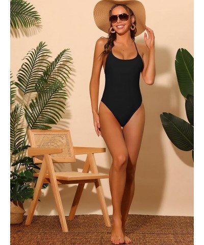 Women's One Piece Lace Up Swimsuit, Tie Cross Back Tummy Control Backless Swimwear Bathing Suits Black $11.95 Swimsuits