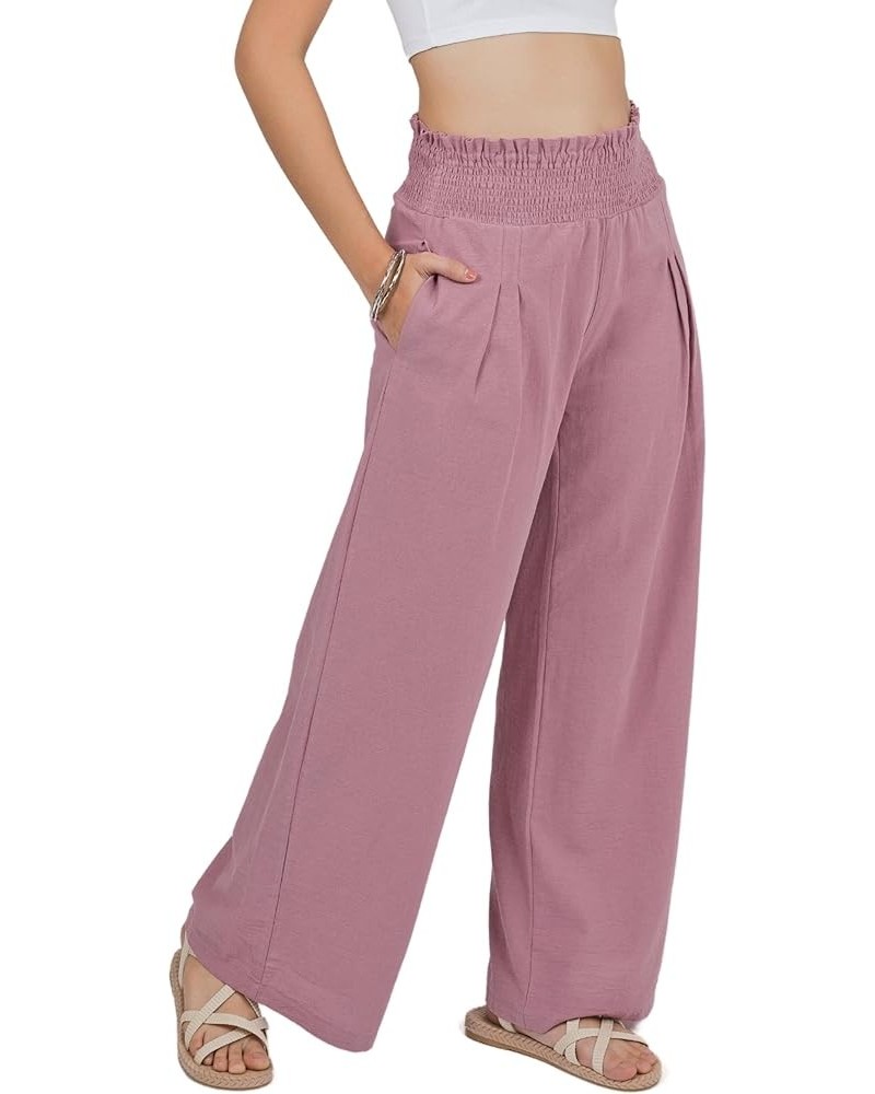 Women Linen Wide Leg Palazzo Pants Flowy Casual Boho Trousers High Waist Beach Lounge Long Pant with Pockets Purple Rose $16....