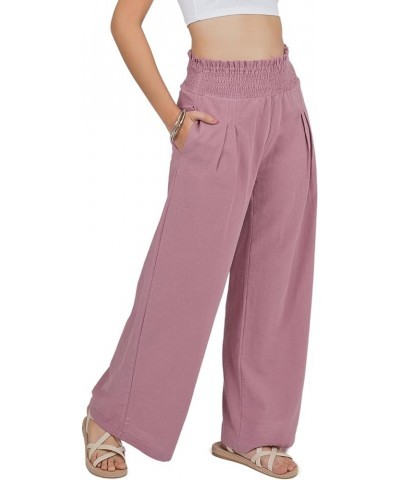 Women Linen Wide Leg Palazzo Pants Flowy Casual Boho Trousers High Waist Beach Lounge Long Pant with Pockets Purple Rose $16....