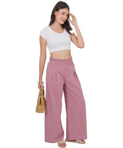 Women Linen Wide Leg Palazzo Pants Flowy Casual Boho Trousers High Waist Beach Lounge Long Pant with Pockets Purple Rose $16....