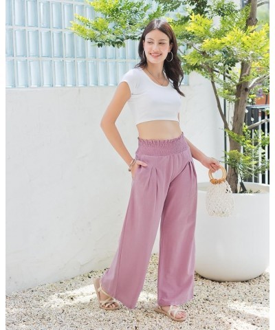 Women Linen Wide Leg Palazzo Pants Flowy Casual Boho Trousers High Waist Beach Lounge Long Pant with Pockets Purple Rose $16....