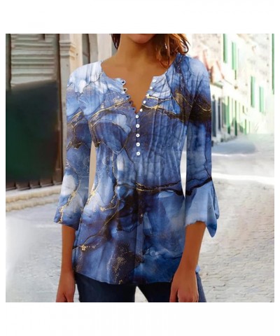 3/4 Length Sleeve Womens Tops Fashion V-Neck Button Elbow Sleeve T-Shirt Vintage Printed Tunic Tops Spring Tops 2024 06-dark ...