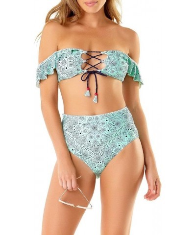 Women's Standard Flounce Bandeau Bikini Mykonos Medallion Mint Green $18.48 Swimsuits