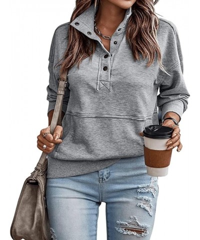 Women's Long Sleeve Loose Fit Pullover Button Front Tunic Top Soil Lapel Sweatshirt with Pocket Grey $17.94 Hoodies & Sweatsh...