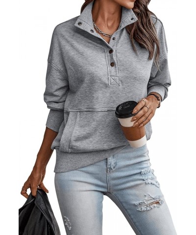 Women's Long Sleeve Loose Fit Pullover Button Front Tunic Top Soil Lapel Sweatshirt with Pocket Grey $17.94 Hoodies & Sweatsh...