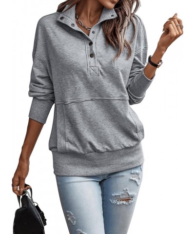 Women's Long Sleeve Loose Fit Pullover Button Front Tunic Top Soil Lapel Sweatshirt with Pocket Grey $17.94 Hoodies & Sweatsh...