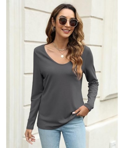 Womens Long Sleeve Shirts V Neck Basic Tops Casual Solid Color Tees A Dark Grey $12.99 T-Shirts