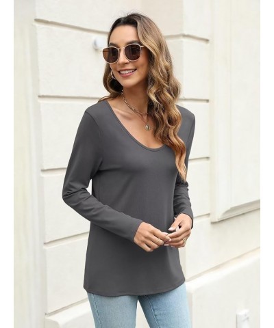 Womens Long Sleeve Shirts V Neck Basic Tops Casual Solid Color Tees A Dark Grey $12.99 T-Shirts