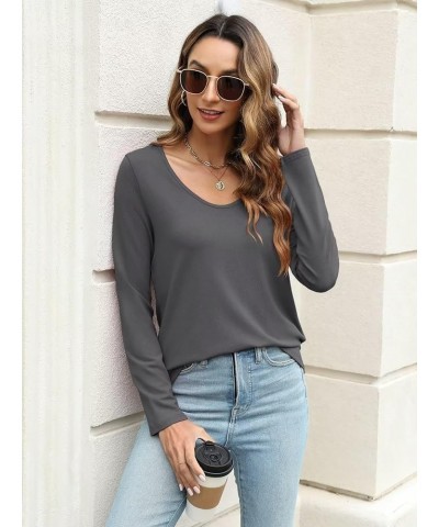 Womens Long Sleeve Shirts V Neck Basic Tops Casual Solid Color Tees A Dark Grey $12.99 T-Shirts