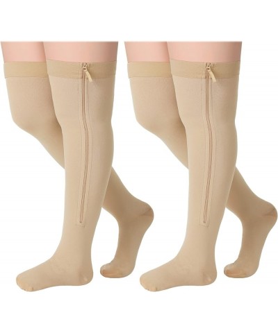 2 Pairs Zipper Compression Socks Thigh High 20-30 mmHg Compression Socks with Zipper Closed Toe Thigh High Compression Stocki...